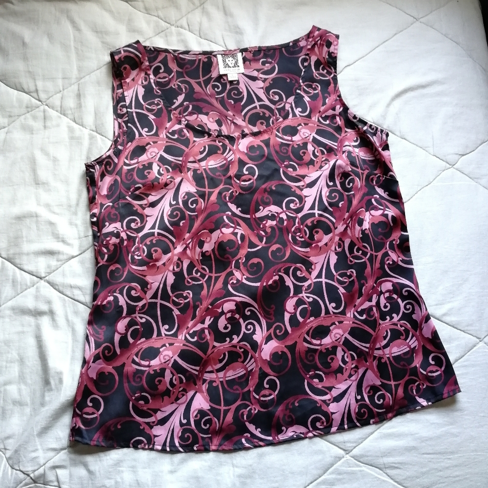 ANNE KLEIN Paisley Sleeveless Blouse Silky Satin Business Office Small